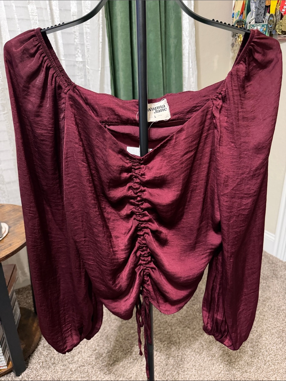 Savanna Jane Wine Ruched Front Long Sleeve Blouse
